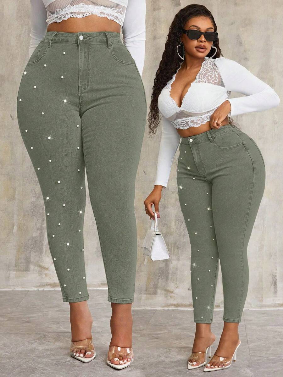 SHEIN SXY Plus Size Pearl Decor Stretchy Green Denim Skinny Pants Formal Holiday Spring Casual - Army Green - View 1