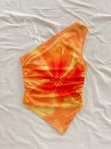 SHEIN 少女甜美优雅不对称肩带不对称印花吊带背心，适合春夏旅行、度假、散步、海滩、派对等场合。 - 橘色 - 查看 3
