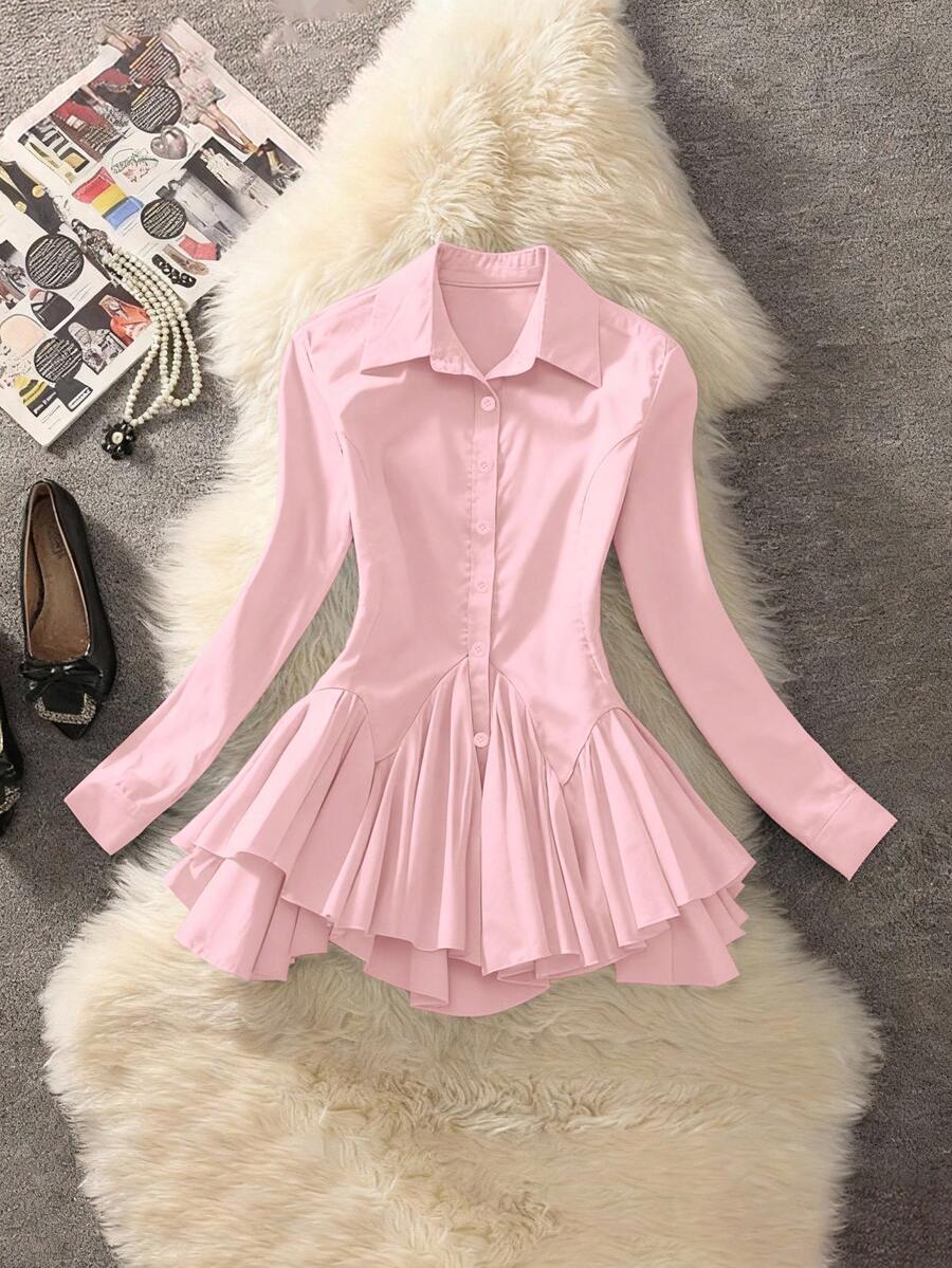 Selianne Áo khoác cardigan dài tay cổ bẻ, thanh lịch, thoải mái, quyến rũ, mang phong cách retro tối giản cao cấp, lãng mạn dành cho nữ, thích hợp cho kỳ nghỉ, đi làm, có thắt eo và viền bèo nhún, màu trơn. - Hồng - Xem 1