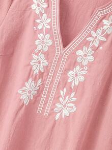 Linhara Plus Size Women Casual Minimalist Countryside Style Small V-Neck Cotton Embroidered Ruffle Cuff Loose Blouse - Pink - View 5