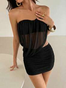 Aloruh Gaun Mini Bodycon Tanpa Tali dengan Motif Jala Seksi untuk Wanita, Musim Panas, Gaun Musim Panas untuk Wanita - Hitam - View 7