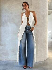 Aloruh Áo kiểu chiffon cổ yếm gợi cảm dành cho nữ - trắng - Xem 4