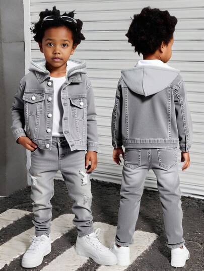 2pcs Young Boy New Vintage Ripped Loose Knit Hooded Light Gray Denim Jacket And High Elastic Skinny Pants Set Fall Winter,For Boys Fall/Winter Dailywear Outfits,Boys Streetwear Outfits,Christmas Outfits,,Boys New Year Outfit,Thanksgiving Outfit For Boys,Stylish Clothing Collection,Winter Clothes,Toddler Set,Warm Set