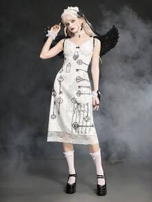 ROMWE Đầm ngắn ôm sát kiểu Gothic Lolita với họa tiết khoét cổ và viền ren dành cho nữ. - trắng - Xem 3