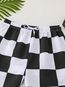 SHEIN Leap Crew Teen Boy's Casual Checkerboard Print Drawstring Waist Loose Beach/Swimming Shorts, Summer - Black and White - View 5