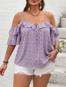 SHEIN VCAY Camiseta romántica con volantes y hombros descubiertos, estilo casual para vacaciones, picnic o fiesta. Talla grande. - Púrpura polvoriento - Ver 4