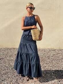 DAZY Bộ đồ denim nữ không tay, cài cúc phía trước và chân váy dài, kiểu dáng thường ngày. - Rửa tối - Xem 5