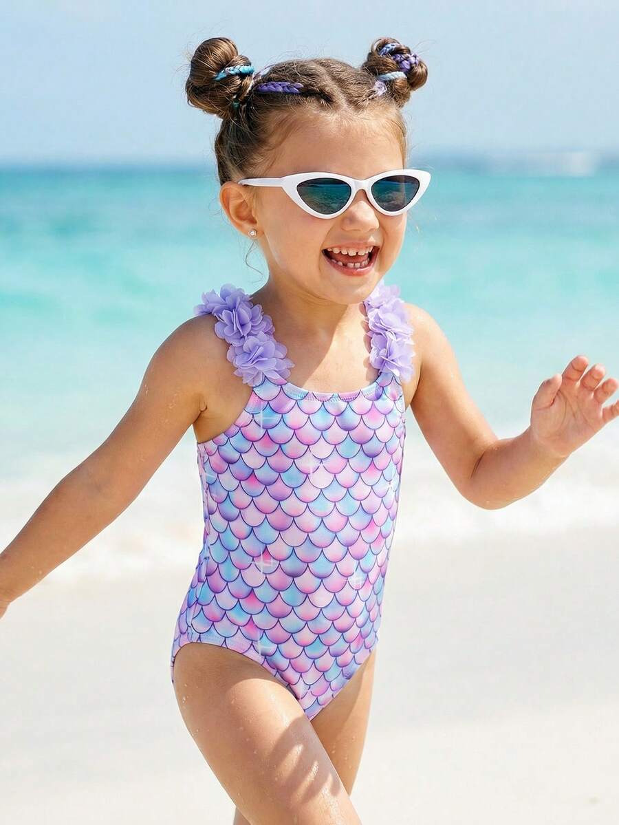 SHEIN Young Girl Gradient Fish Scale Print Halter One-Piece Swimsuit, Beach Vacation Style, Summer - Multicolor - View 1