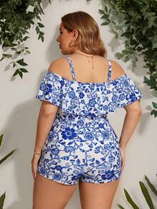 Swim Lushoire 2026 New Summer Beach Vacation Blue & White Porcelain Pattern Ruffle Trim Plus Size Women Tankini Swimsuit - Blue and White - View 2