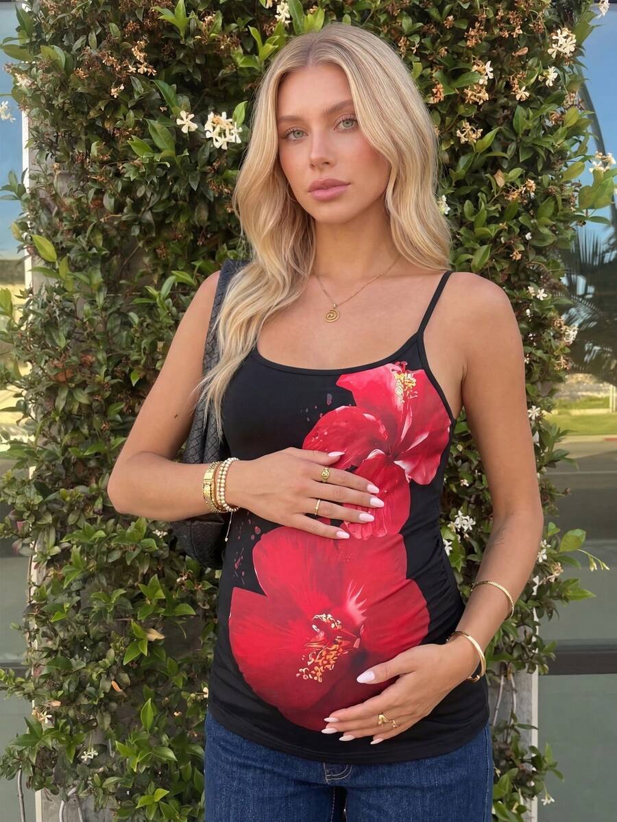 SHEIN Floral Print Casual Maternity Camisole Hawaiian Tops For Women Floral Tank Tank Tops Women Spaghetti Strap Flower Top Cami Tops For Women - Multicolor - View 1