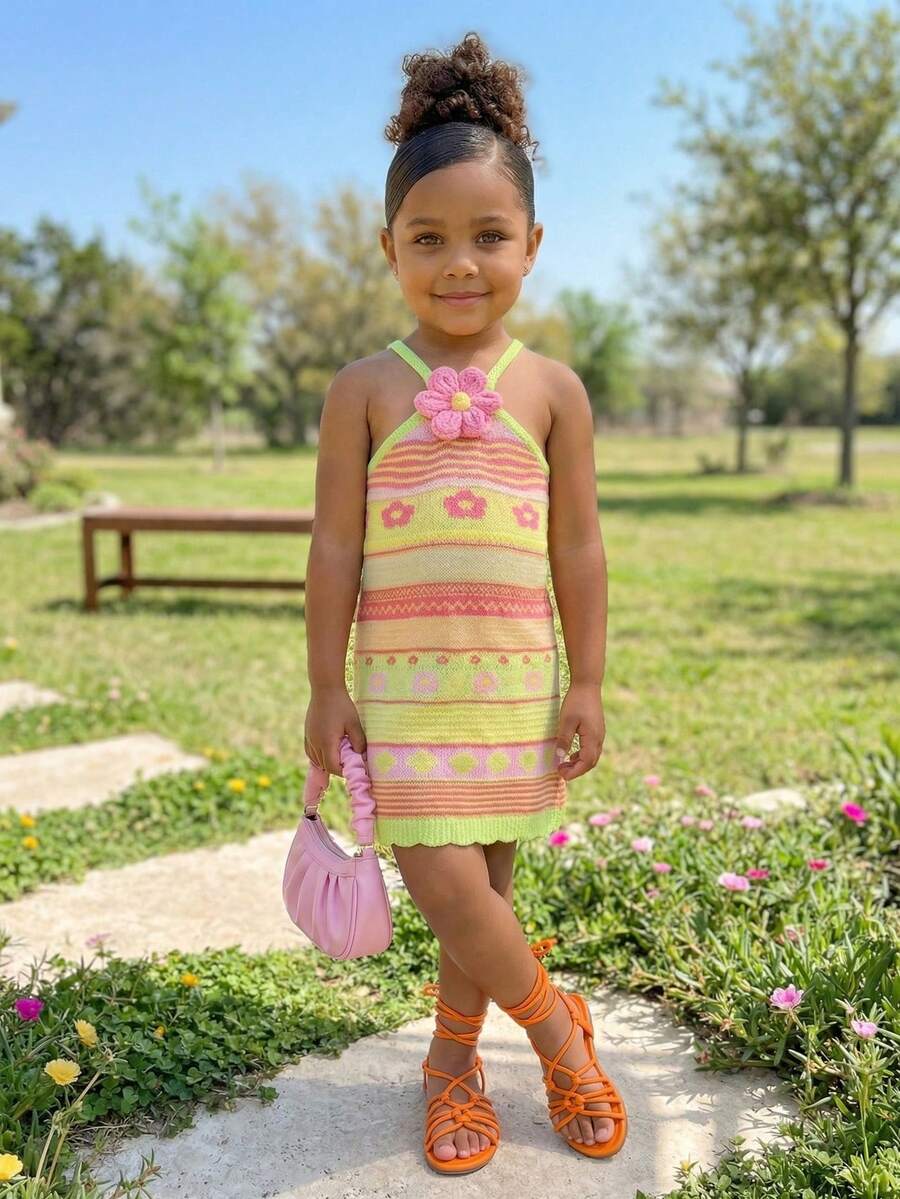 手工钩织彩色彩虹连衣裙，适合年轻女孩，休闲时尚，百搭，适合派对、郊游、姐妹合影、公园、露营、度假、日常休闲等场合。 - 彩色 - 查看 1