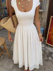 Firerie Women's Elegant White Summer Dress,Vacation Resort Beach Scoop Neck Flowy Sleeve A-Line Midi Chiffon Formal Wedding Guest Chic Minimalist Fashion - White - View 8