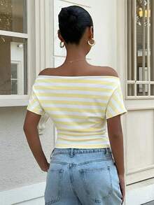 Muchica Women's Spring/Summer New Knit Striped Off Shoulder Ruched T-Shirt Tops For Women Summer Cute Trending Tops For Women Tops For Ladies Casual Crop Womens Tops For Summer Off The Shoulder Tops - Yellow - View 2