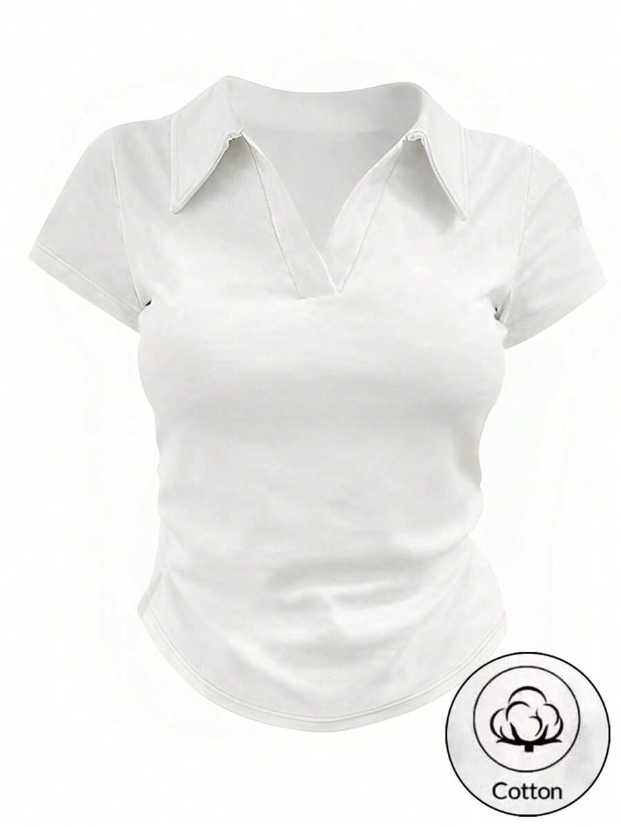 Airaco Women's Solid Color Polo Collar Short Sleeve Casual Versatile T-Shirt - White - View 1