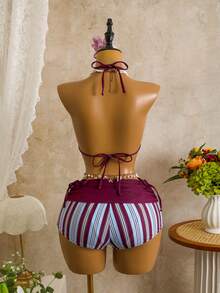 Swim Vcay Bộ bikini 3 mảnh phong cách boho, sọc kẻ, cổ yếm, dành cho nữ, thích hợp cho kỳ nghỉ biển, tiệc tùng, hàng mới về. - Nhiều màu - Xem 2