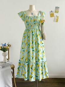 SHEIN Clasi Plus Size Women Lemon Print Ruched Date Beach Vacation Dress, Light Blue, Summer, Boho, Picnic, Holiday New Arrival Fashionable Vintage Zanea Dress - Multicolor - View 3