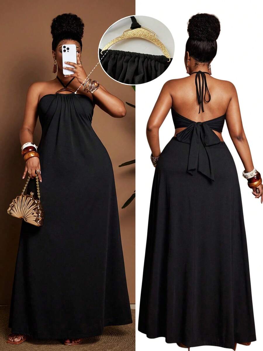 Maweii Plus Size Women's Summer Halter Tie Waist Metal Buckle Decor Strapless 2 In 1 Flowy Dress - Black - View 1