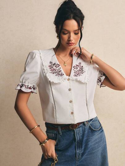 Poéselle 女士花卉刺绣图案休闲百搭日常衬衫