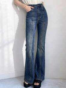 FRIFUL 女士休闲百搭喇叭牛仔裤，带口袋 - 藍色 - 查看 6