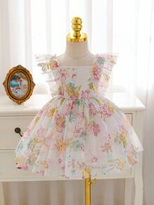 SHEIN Glamorique Kids Đầm peplum sang trọng, thanh lịch, duyên dáng, tay ngắn, thắt eo dành cho bé gái, trang phục dự tiệc. - Màu be - Xem 2