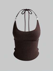 Pariaura 女士春夏新款针织吊带背心，细肩带设计，优雅法式风格，休闲修身度假外套，不对称纽扣套头衫 - 棕色 - 查看 3