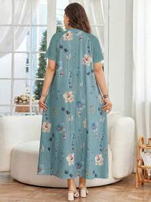 Lacomfia Vestido elegante de talla grande con estampado floral y encaje en contraste, para verano - Verde - Ver 2