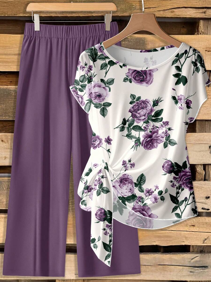 SHEIN Clasi Bộ đồ 2 món dành cho nữ: Áo sơ mi thắt nơ và quần ống đứng dáng rộng, họa tiết hoa màu tím đậm. - Nhiều màu - Xem 1