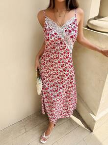 Serisse Vestido de tirantes finos de longitud media con estampado floral y encaje de contraste, ideal para vacaciones de verano en la playa - Rosa - Ver 10