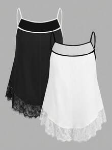 SHEIN EZwear 两件套加大码女式休闲度假黑白撞色包边吊带背心，适合夏季、海滩、音乐节等场合。 - 黑與白 - 查看 2
