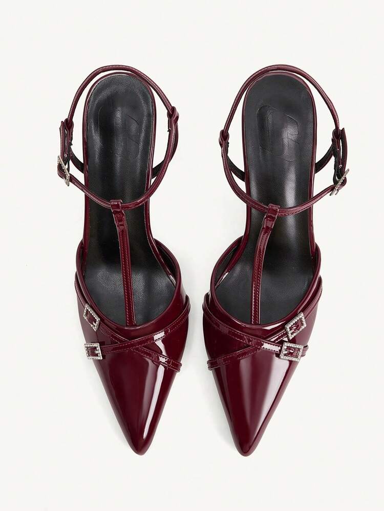 CUCCOO CHICEST Women's Shoes Spring And Summer New Fashion T-Shaped Ankle With Rhinestone Pin Buckle Structural Design Pointed Wine Glass Heel High Heel Fashion Elegant Temperament Sexy Burgundy Crystal PU Material Slingbacks Dress Shoes Dating Afternoon Tea Party Valentine's Day Elegant Wear
