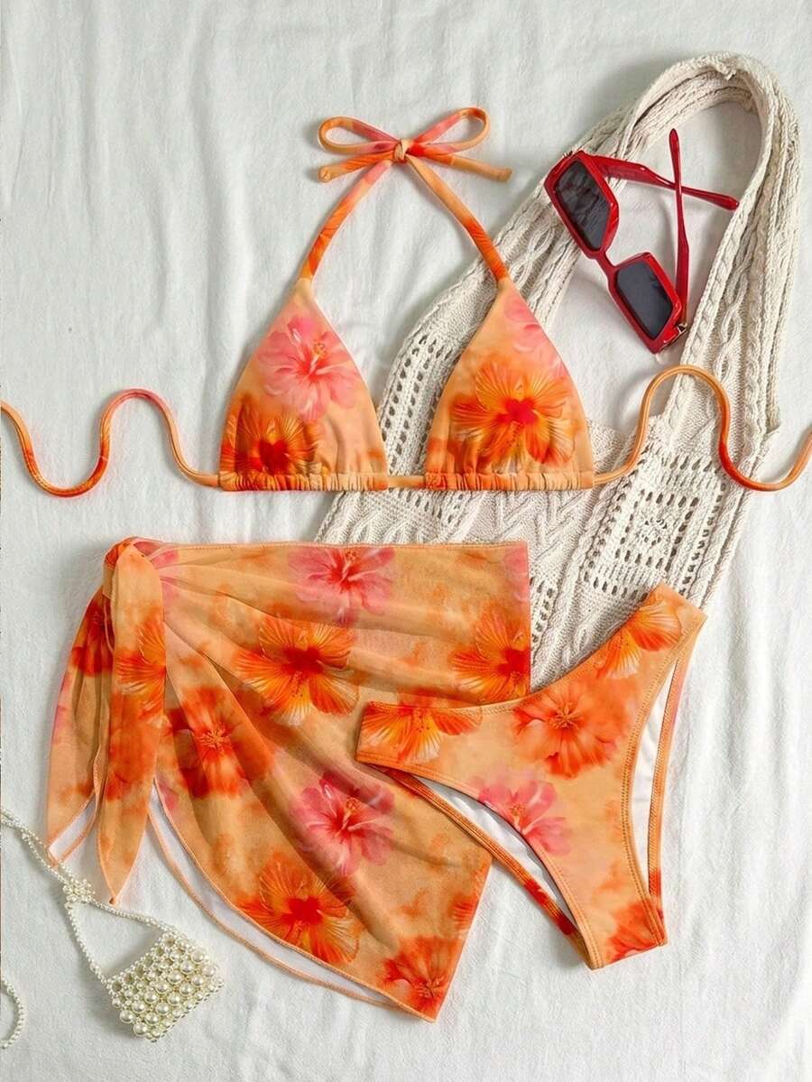 Soleia Bộ đồ bơi đi nghỉ mát dành cho nữ, thích hợp mặc đi biển, họa tiết hoa dâm bụt màu cam. - Nhiều màu - Xem 1