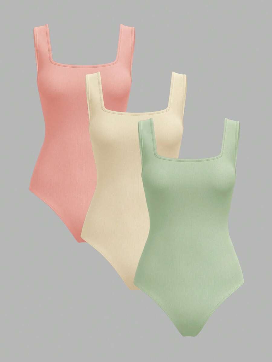 SHEIN BASICS 3pcs Set Casual Solid Color Knit Off-Shoulder Bodysuit For Women/Summer - Multicolor - View 1