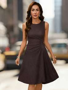 女士新款优雅圆领纯色柔软紫色荷叶边下摆百搭迷你连衣裙，适合约会、下午茶、情人节、生日、家庭聚会等场合。 - 咖啡棕 - 查看 7