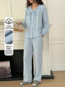 DAZY Soft Blue Cotton Pleated Ruffle Design Loose Women Pajama Set - Baby Blue - View 3