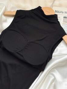 DAZY 女士夏季纯色高领休闲吊带背心，内置衬垫胸罩 - 黑色 - 查看 3