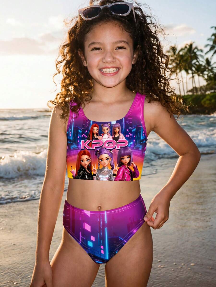 Bộ đồ bơi hai dây tối giản và bikini tam giác in hình hoạt hình dành cho bé gái tuổi teen, thích hợp cho mùa hè. - Nhiều màu - Xem 1