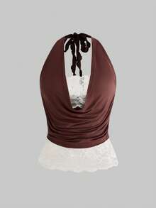 ROMWE Hippie Áo camisole nữ kiểu retro vintage 2 trong 1 phối màu tương phản, chất liệu ren, cổ xếp ly, thích hợp cho lễ hội âm nhạc. - màu nâu - Xem 5