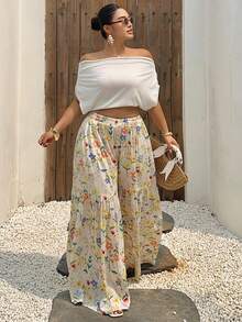 Dazy Plus Women's Lightweight Ditsy Floral Loose Wide Leg Pajama Pants, Elegant Plus Size Home Wear For Spring & Summer - Apricot - View 5