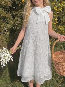 Tween Girls Elegant Floral Pattern Mesh Sequin Dress, Sleeveless Bowknot A-Line Suitable For Party, Wedding, Flower Girl - White - View 4