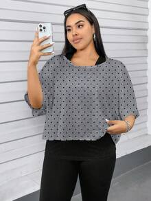 SHEIN Essnce 大码女式休闲两件套，吊带背心和波点露肩上衣，女士夏季两件套，外套，女士夏季服装，露肩上衣，可爱上衣，可爱夏季上衣 - 灰色 - 查看 5