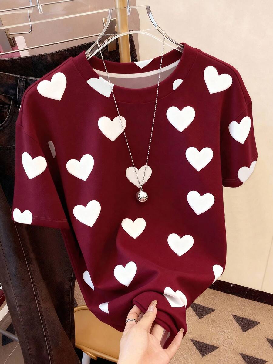 SHEIN Áo thun cổ tròn tay ngắn in hình trái tim thường ngày dành cho nữ, quà tặng cho bạn bè - trắng - Xem 1