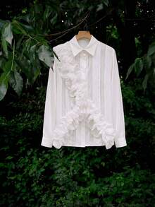 Zanirela Zanirela Women's Woven 100% Cotton Fabric Shirt With Ruffle Hem, Floral Stripe Patchwork Design, Casual Daily Wear New Year - White - View 1
