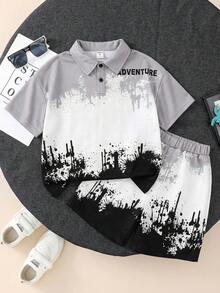 SHEIN Little Byeori 两件套男童休闲舒适日常学院风简约百搭字母印花短袖Polo衫和口袋短裤套装，适合春夏季节日常穿着、运动、郊游、上学、聚会、节日、拍照、返校季等场合。 - 彩色 - 查看 3