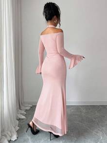 Elenzga Women's Elegant Turtleneck Patchwork Flare Sleeve Long Sleeve Dress, Autumn Party Soft Pink - Baby Pink - View 2