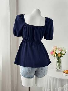 Sweetra Plus Size Women Comfortable Square Neck Textured Crinkle Fabric Short Sleeve Blouse - Navy Blue - View 2