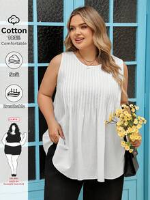 SHEIN CURVE+ 大码女式休闲褶皱无袖白色纯棉上衣 - 白色 - 查看 9