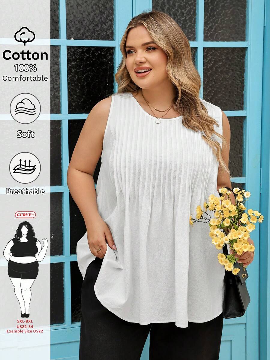 SHEIN CURVE+ 大码女式休闲褶皱无袖白色纯棉上衣 - 白色 - 查看 1
