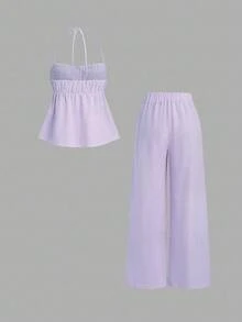 Sweetra Bộ đồ nữ kẻ sọc phong cách thường ngày, gồm 2 món, thích hợp cho các buổi đi chơi mùa xuân và mùa hè, màu hồng. - Màu tím - Xem 2