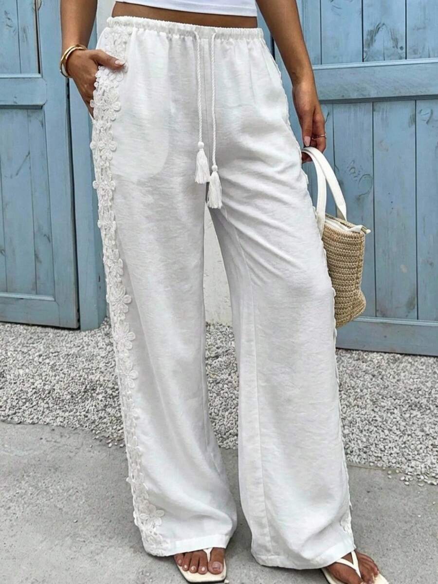 SHEIN EZwear Women's Casual Wide Leg Pants, Solid White - White - View 1