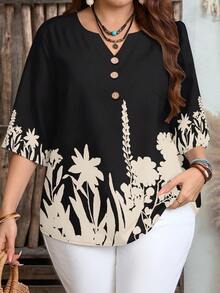 EMERY ROSE Plus Size Casual Minimalist Floral Print Shirt, Suitable For Summer - Black - View 1